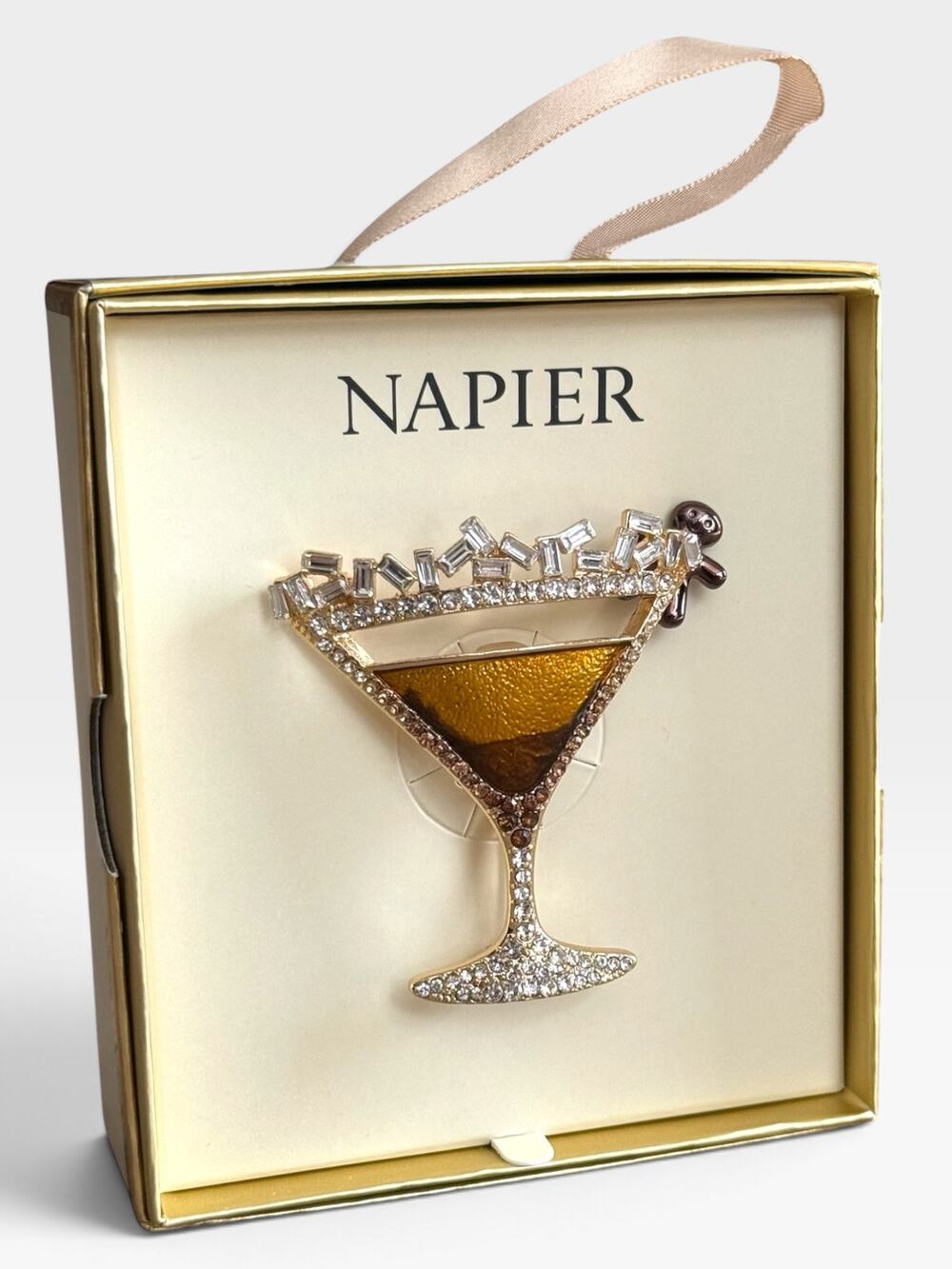 NAPIER Cocktail Ginger Bread Martini Brooch Pin Rhinestone Enamel New in Box